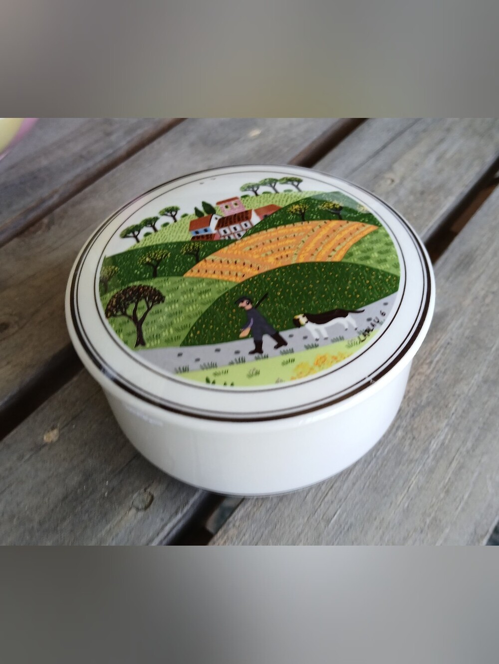 Vintage Round Ceramic Trinket Box with Country Scene Lid